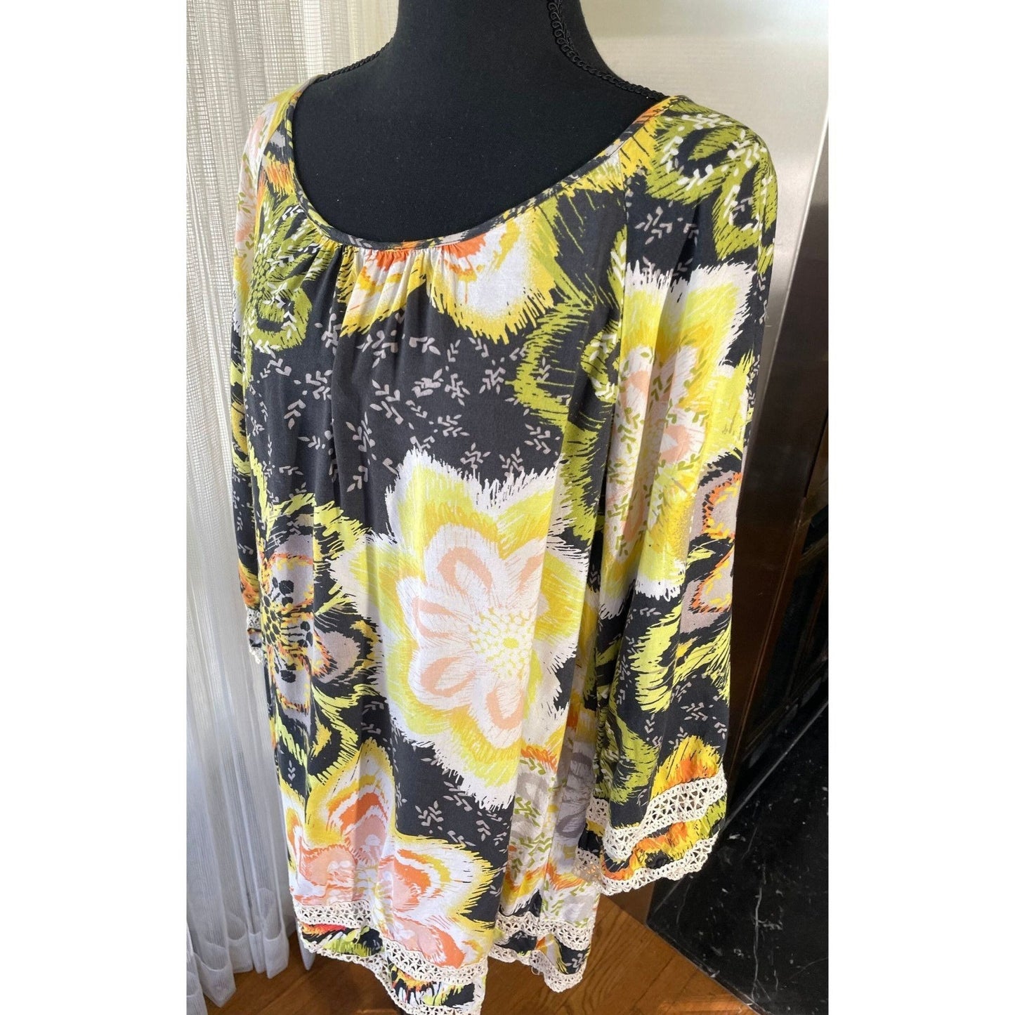 Vintage 80s oversized blouse, black, yellow orange flowers, bell sleeves