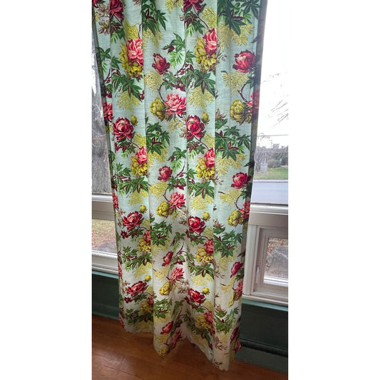 Vintage MCM pleated floral curtain panel, robin egg blue, pink yellow floral, greenery