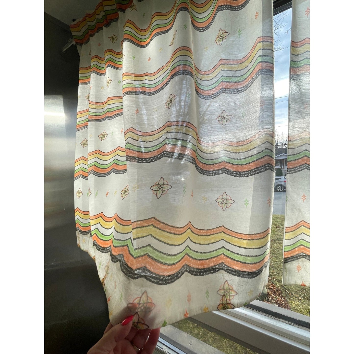 Vintage 60s geometric pattern curtains, orange green and brown