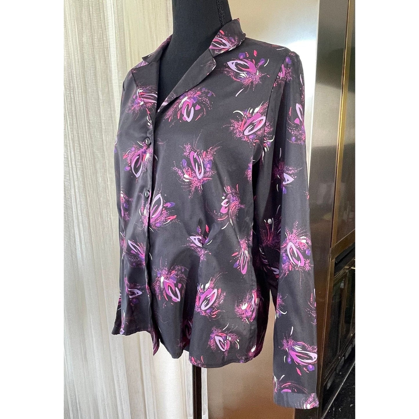 Vintage 80s satin blouse, black and hot pink, long sleeves