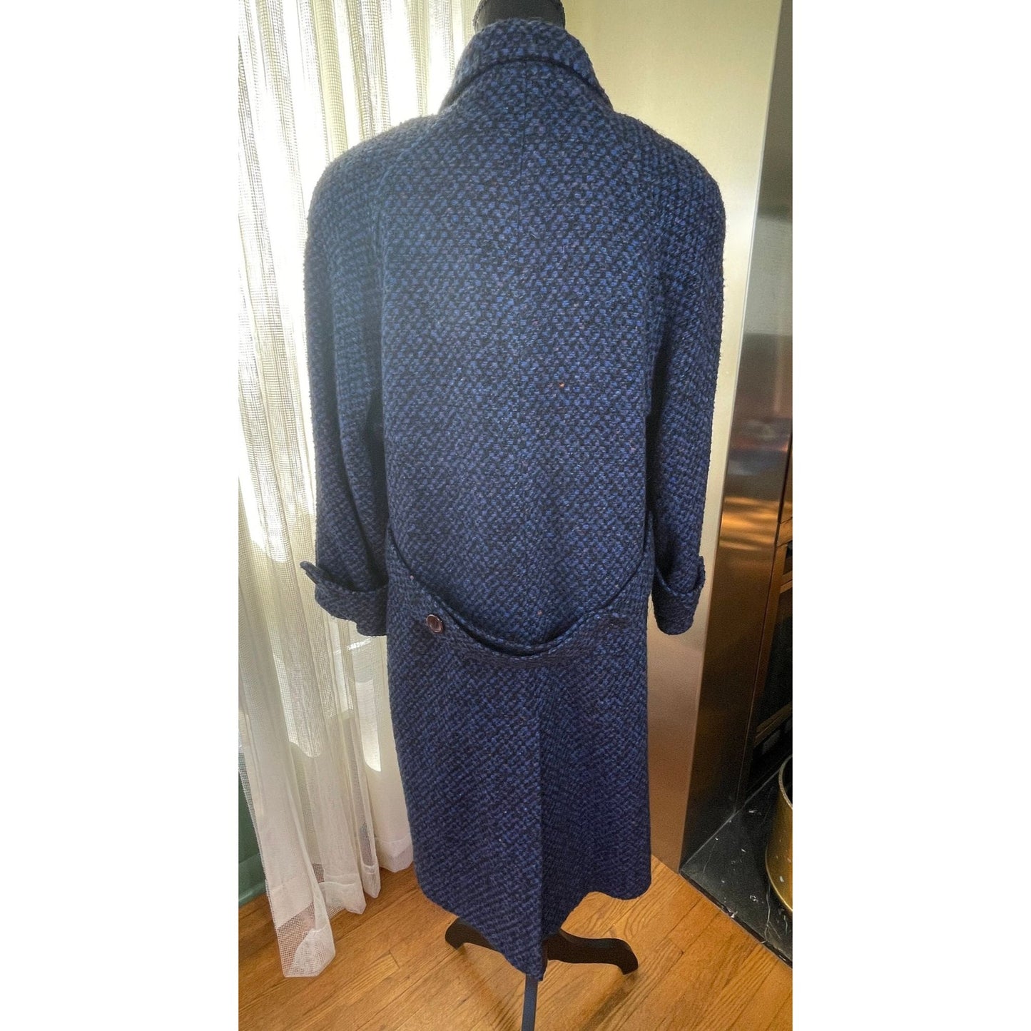 Vintage 80s tweed wool coat, navy and black oversized shoulders, HannaH Collection Coats