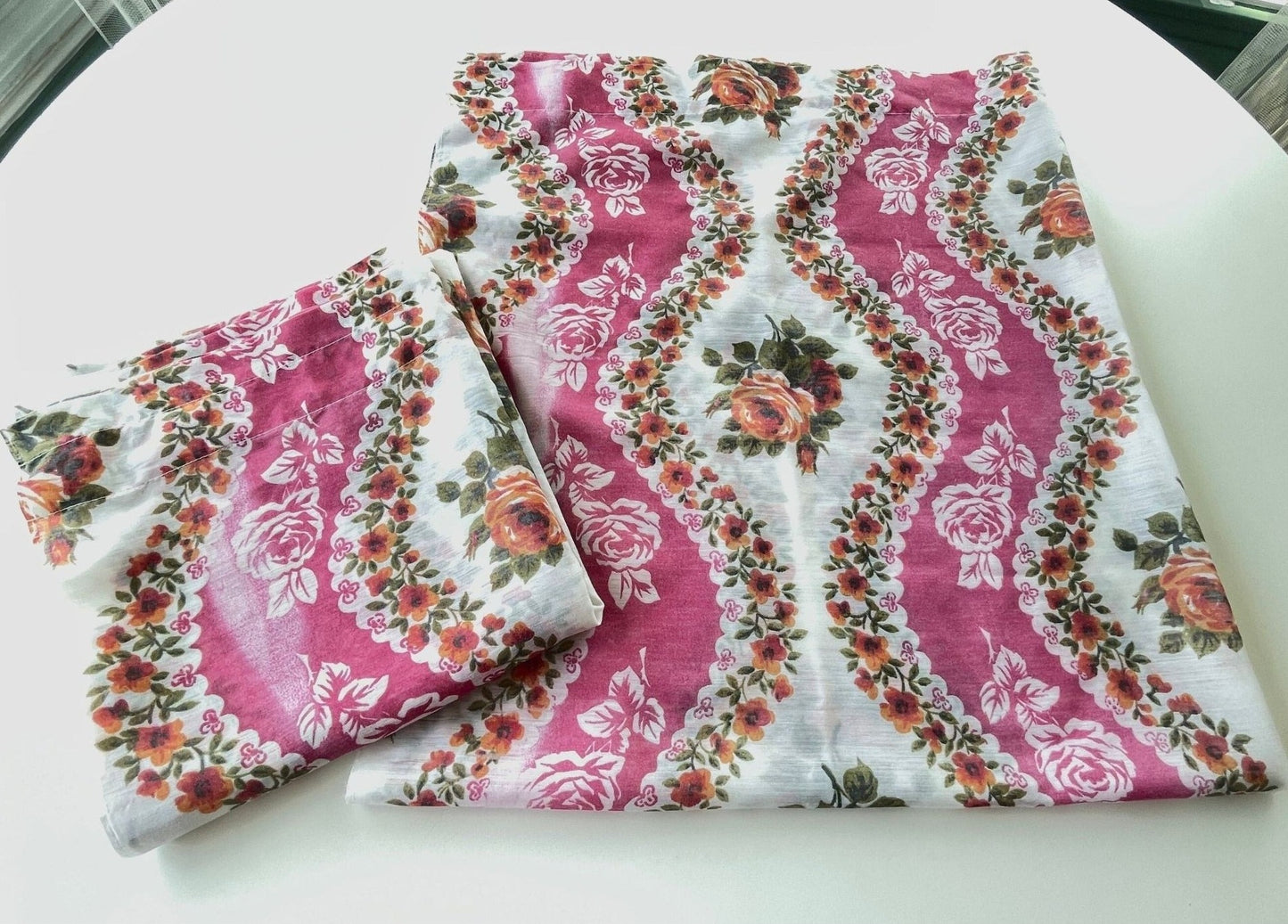 Vintage 70s curtains, pink floral sheer pair of panels