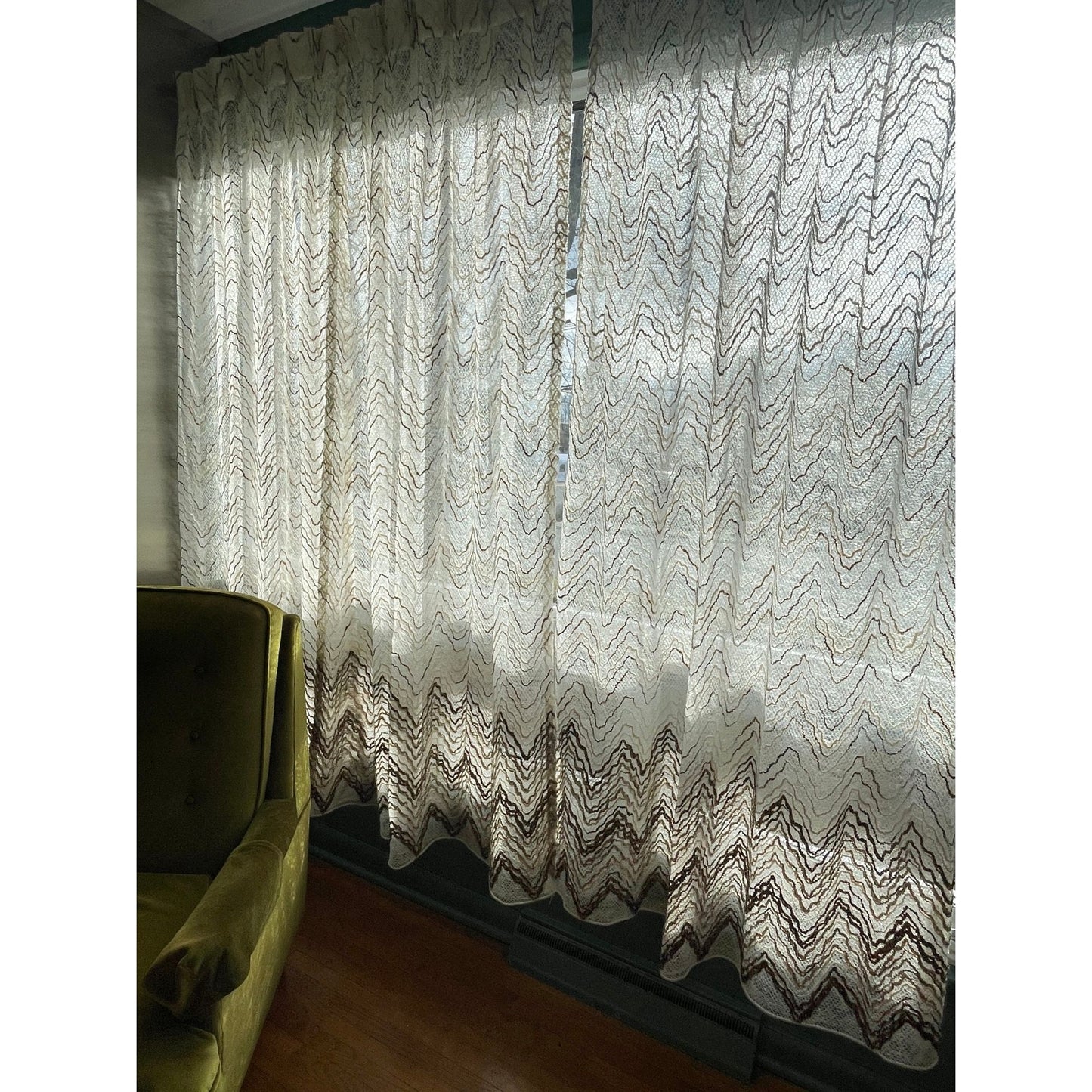 Vintage 70s net woven curtain, tan brown geometric stripes