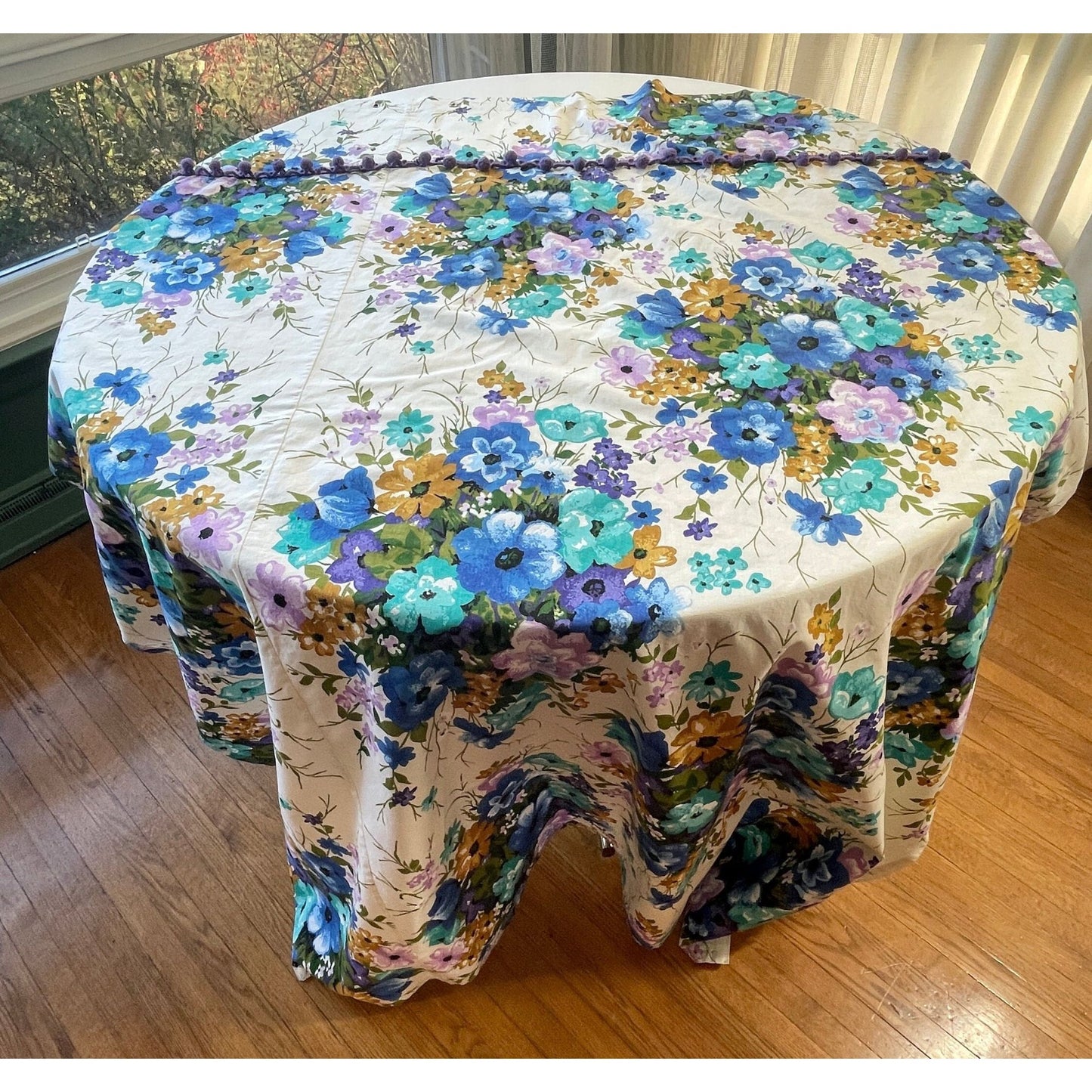 Vintage 70s purple and blue shower curtain, with valance and pom poms