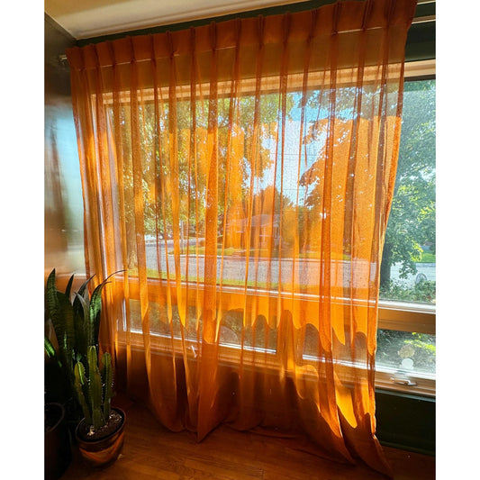 Vintage 70s pleated curtain, orange sheer oversized drapery