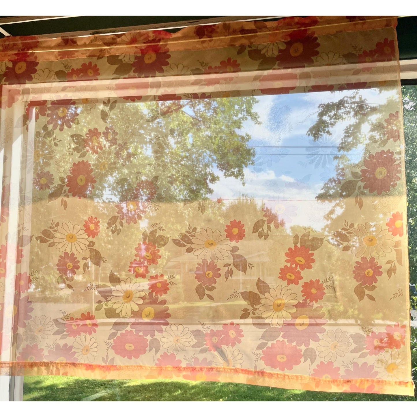 Vintage 70s curtain, sheer floral orange, purple, white daisy flowers, single panel