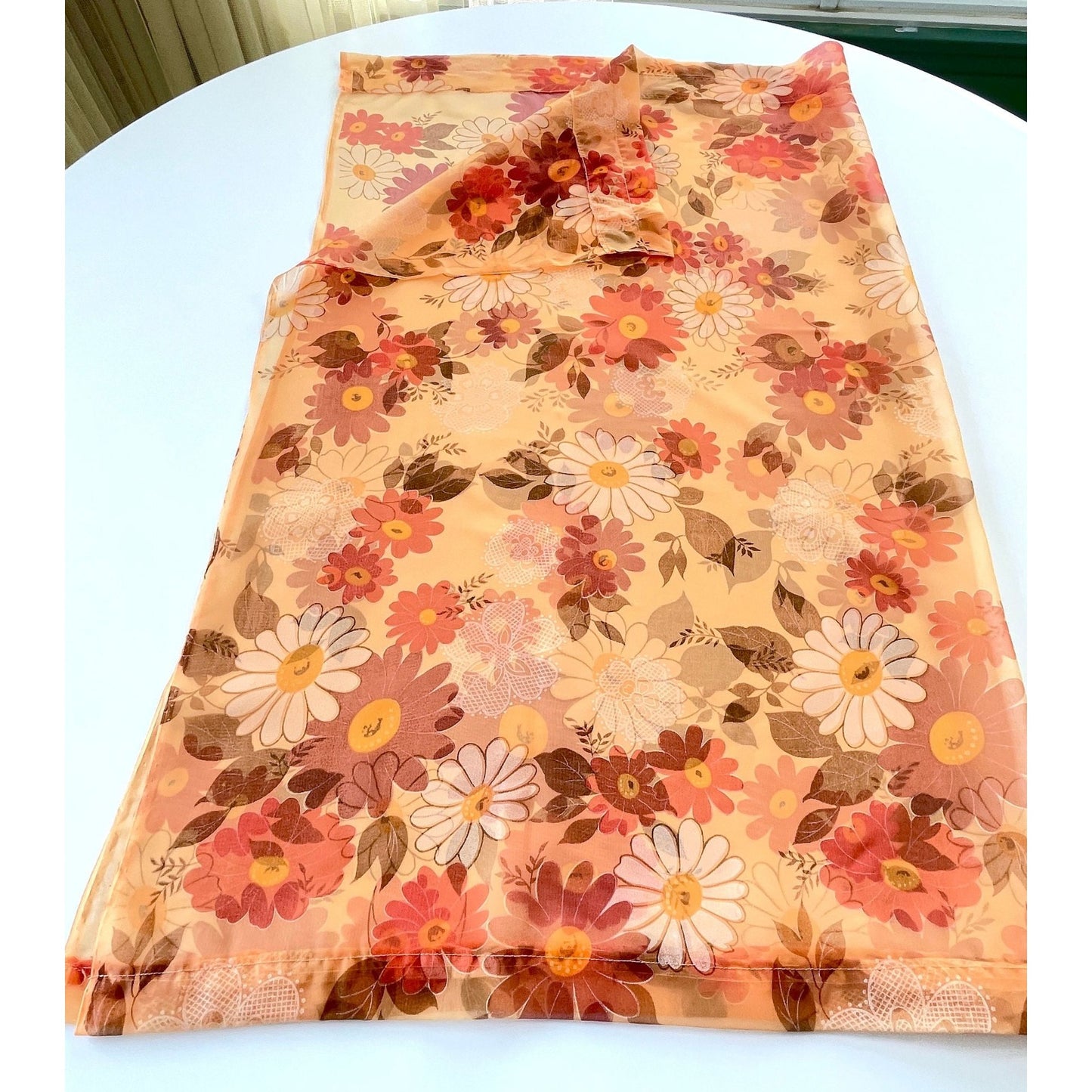 Vintage 70s curtain, sheer floral orange, purple, white daisy flowers, single panel