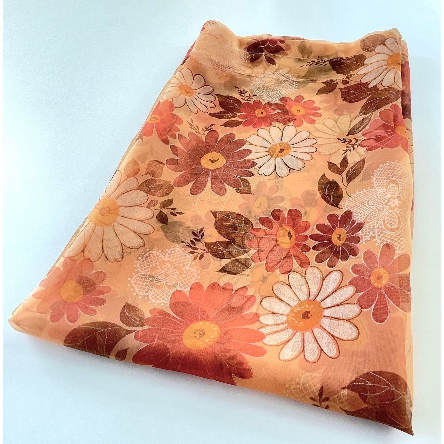 Vintage 70s curtain, sheer floral orange, purple, white daisy flowers, single panel