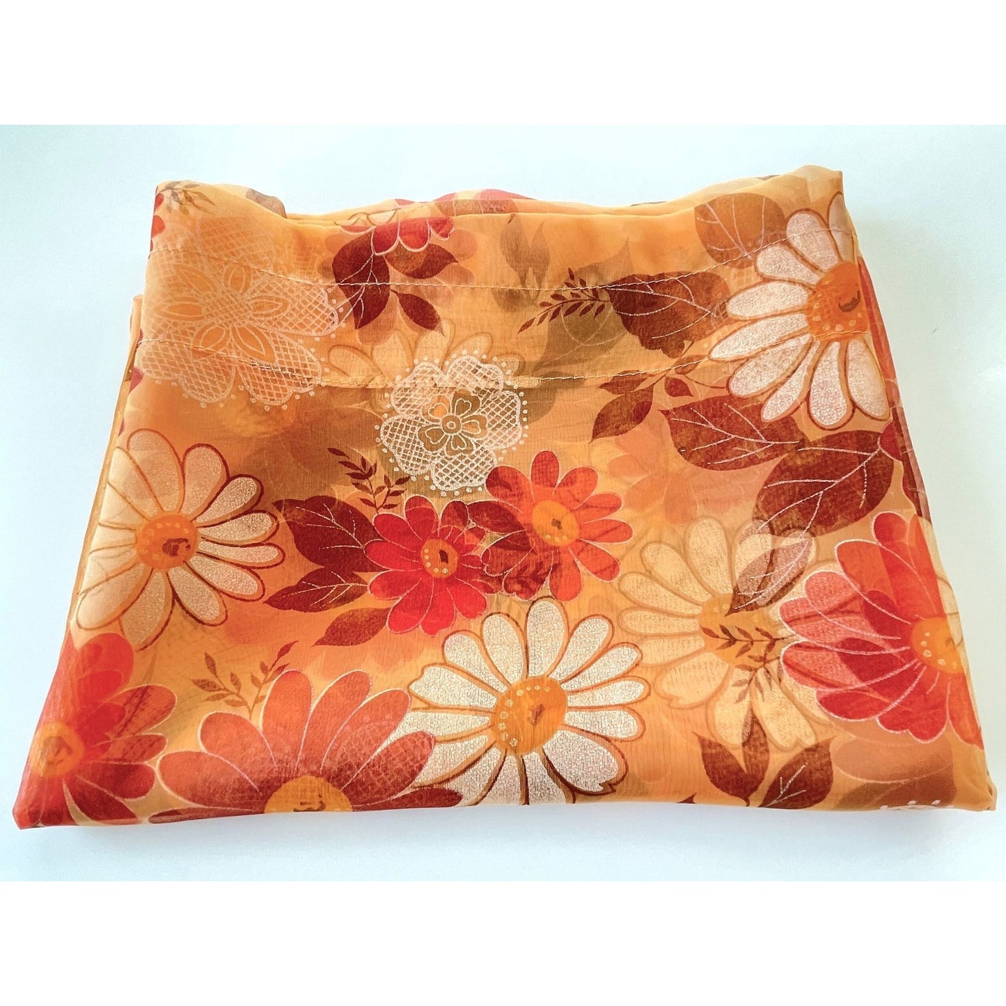 Vintage 70s curtain, sheer floral orange, purple, white daisy flowers, single panel