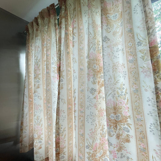 Vintage 70s pleated curtains, peach floral, pair of lined panels