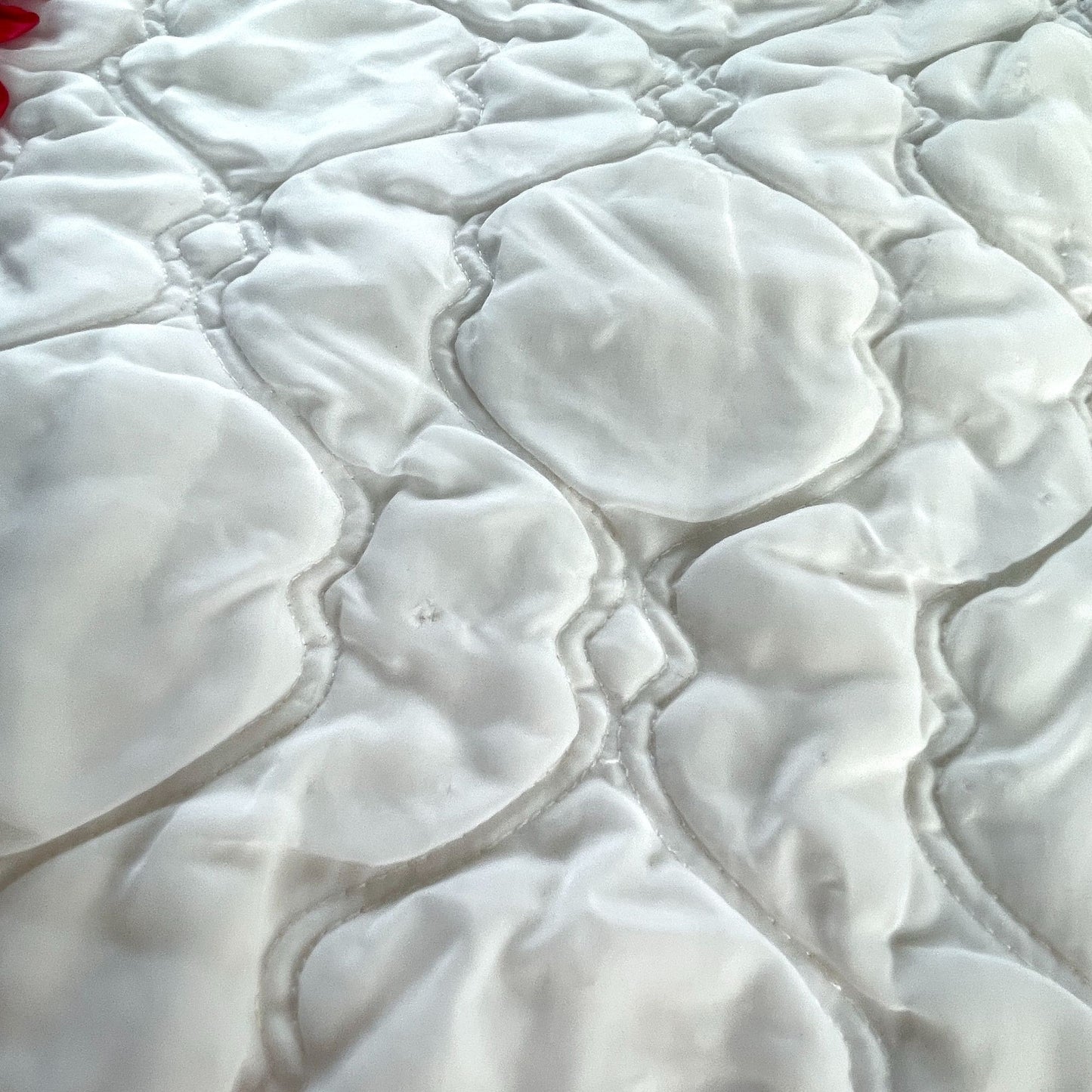 Vintage 80s ruffled satin bedspread, twin size, white with red ribbons
