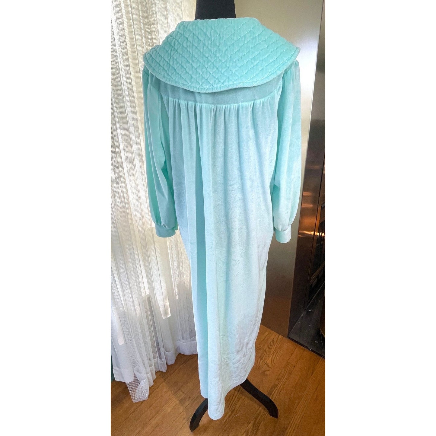 Vintage 1960s robe, sea foam teal blue velvet
