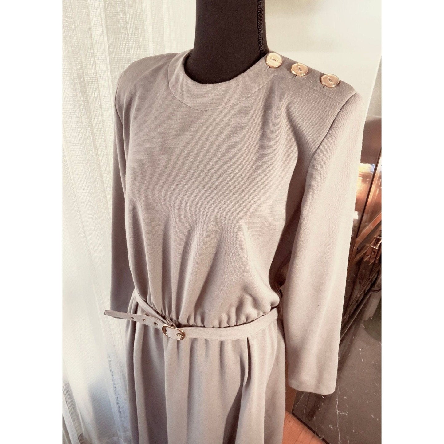 Vintage 80s dress, grey/beige, long sleeves