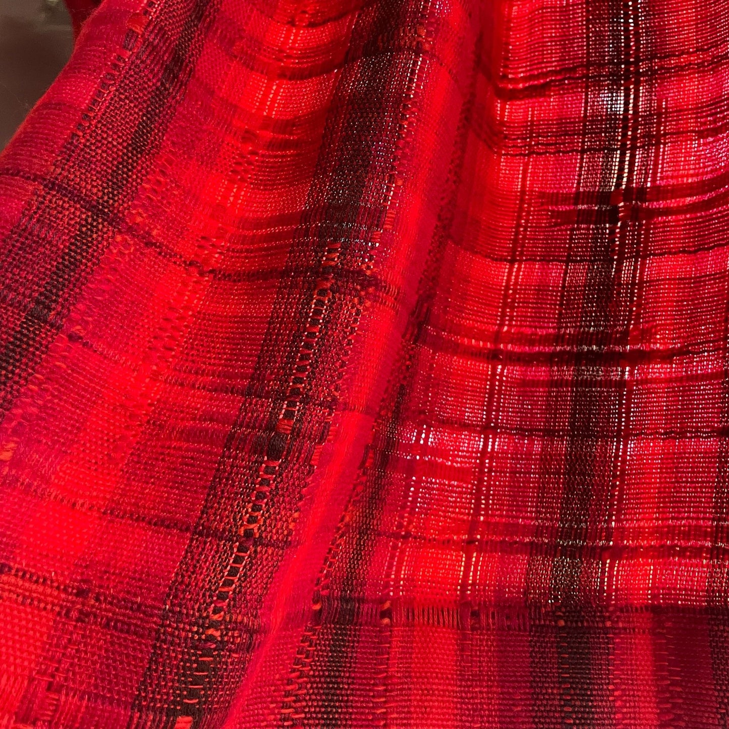 Vintage 70s pleated curtain, red stripes, woven panel