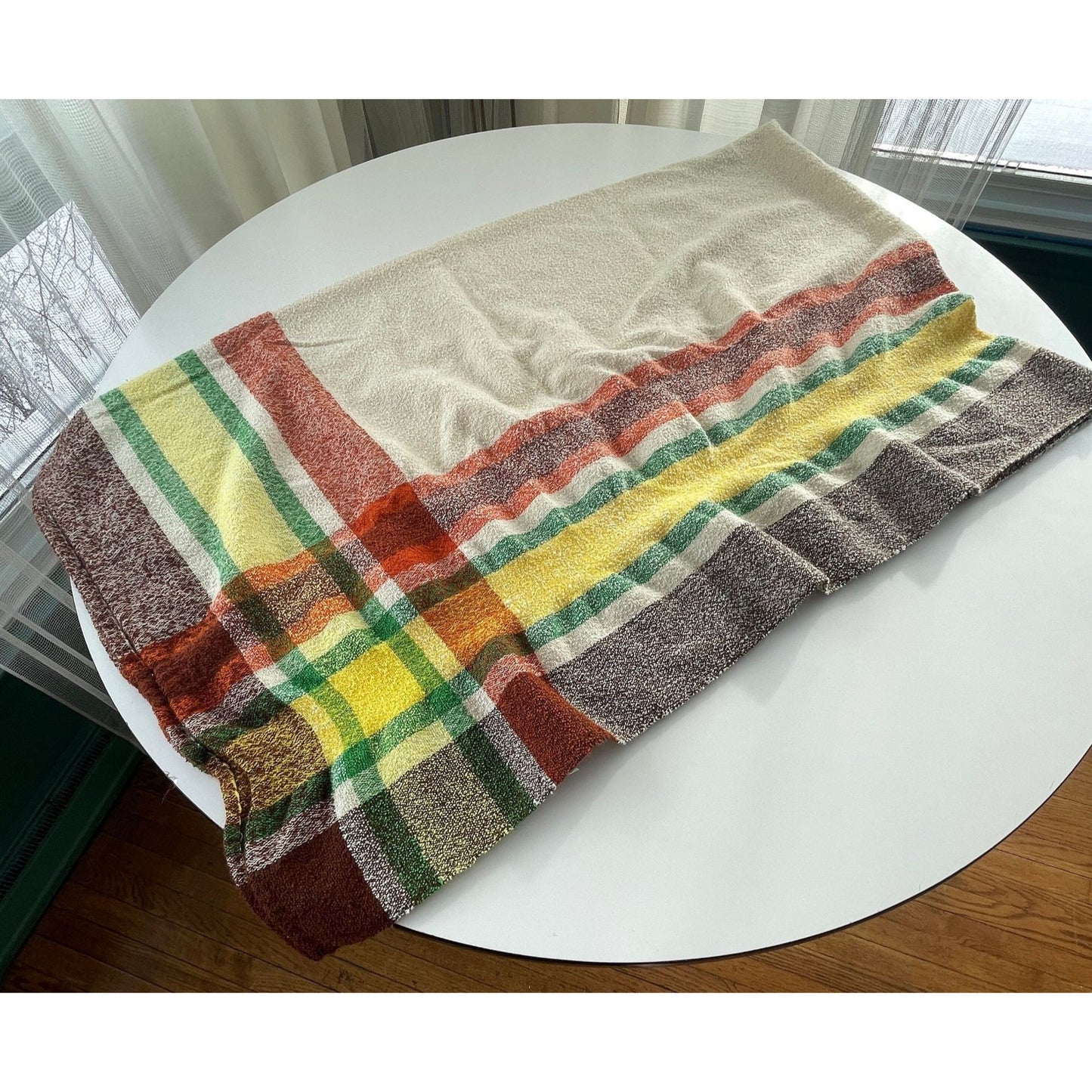Vintage bed throw, beige brown plaid