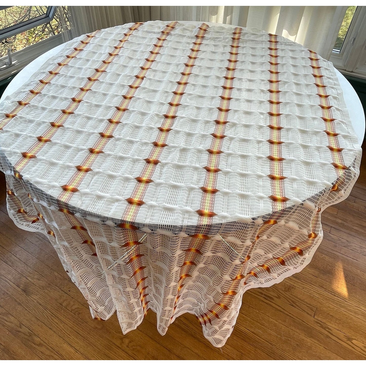 Vintage 70s curtain, orange groovy pattern, mesh panel