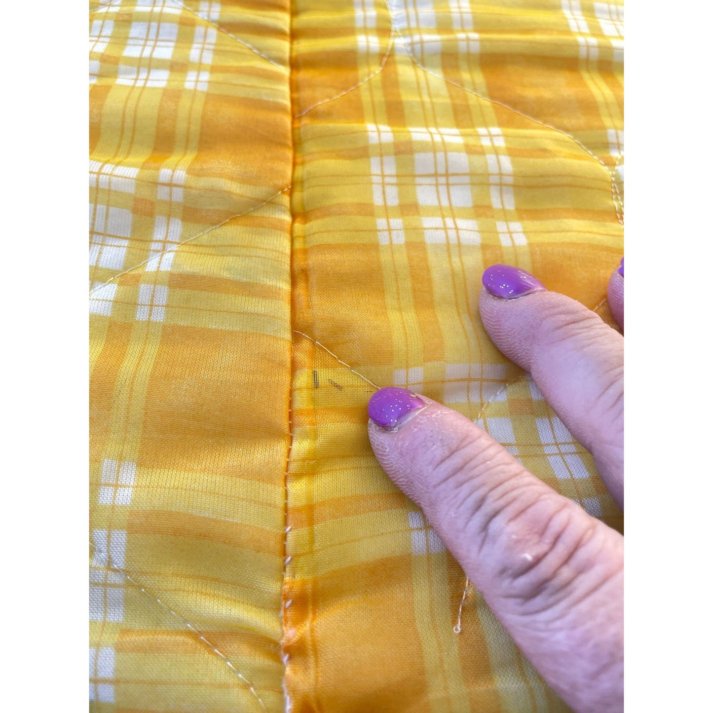 Vintage 70s quilted bedspread, yellow plaid ruffled satin, twin size