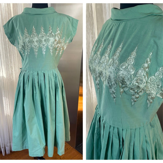 Vintage 50s swing dress, mint green, boat collar, detailed embroidery