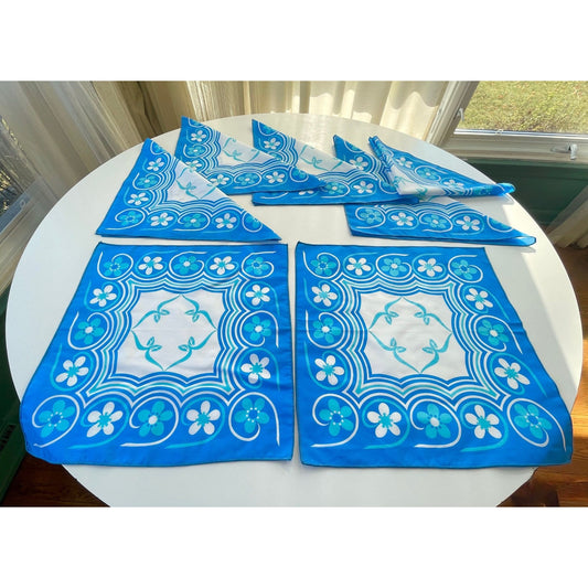 Vintage linen, blue cloth napkins, set of 7