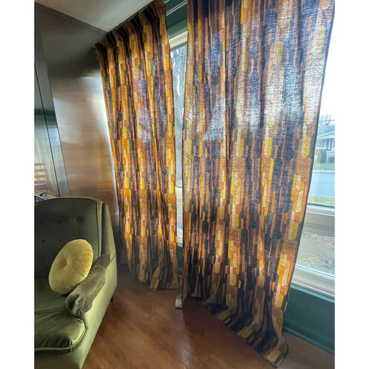 Vintage 70s pleated curtain, orange brown geometric pattern