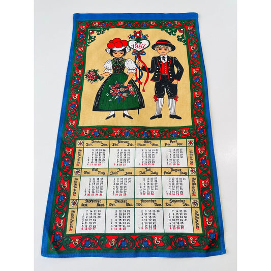 Vintage 1987 calendar tea towel, English, German and Italian