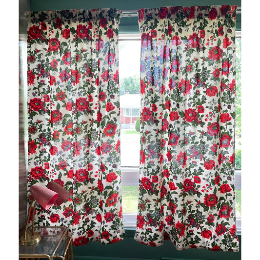 Vintage 60s barkcloth red floral curtain, single panel