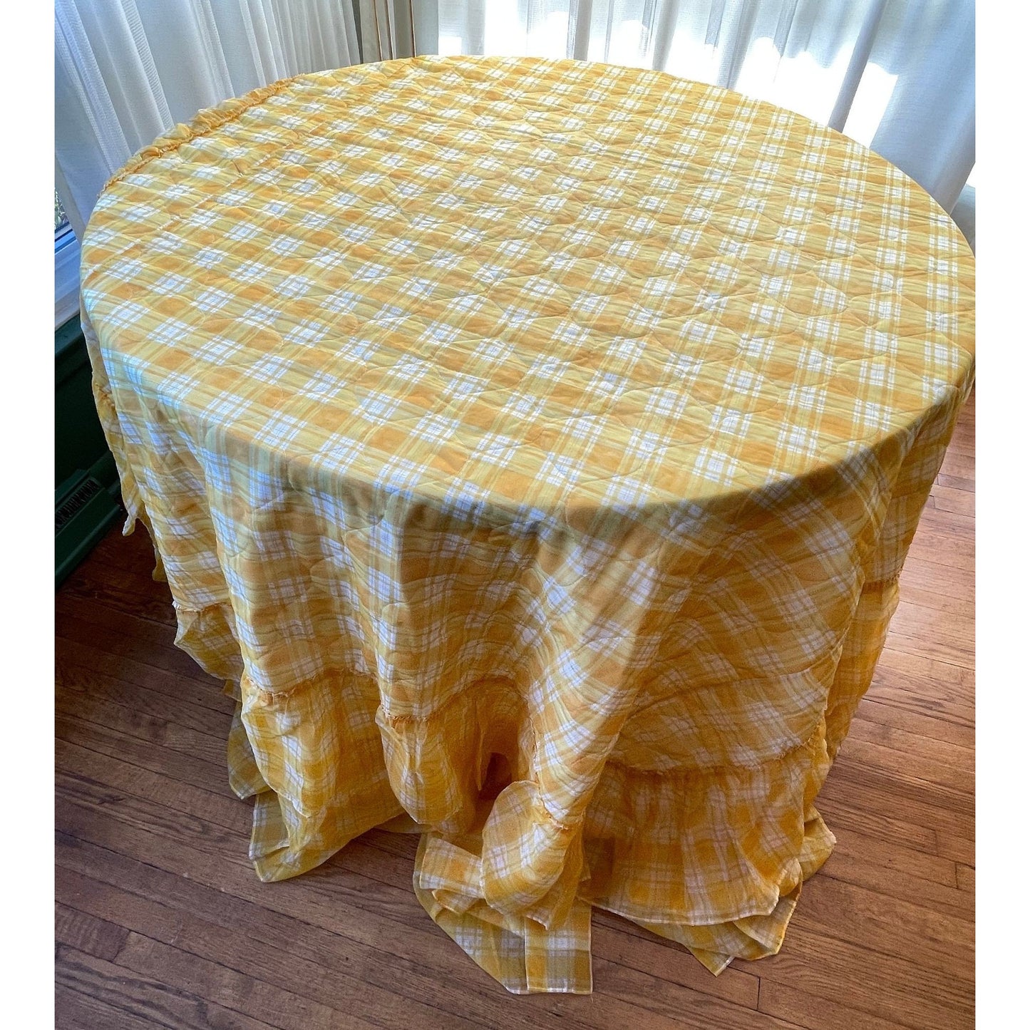 Vintage 70s quilted bedspread, yellow plaid ruffled satin, twin size