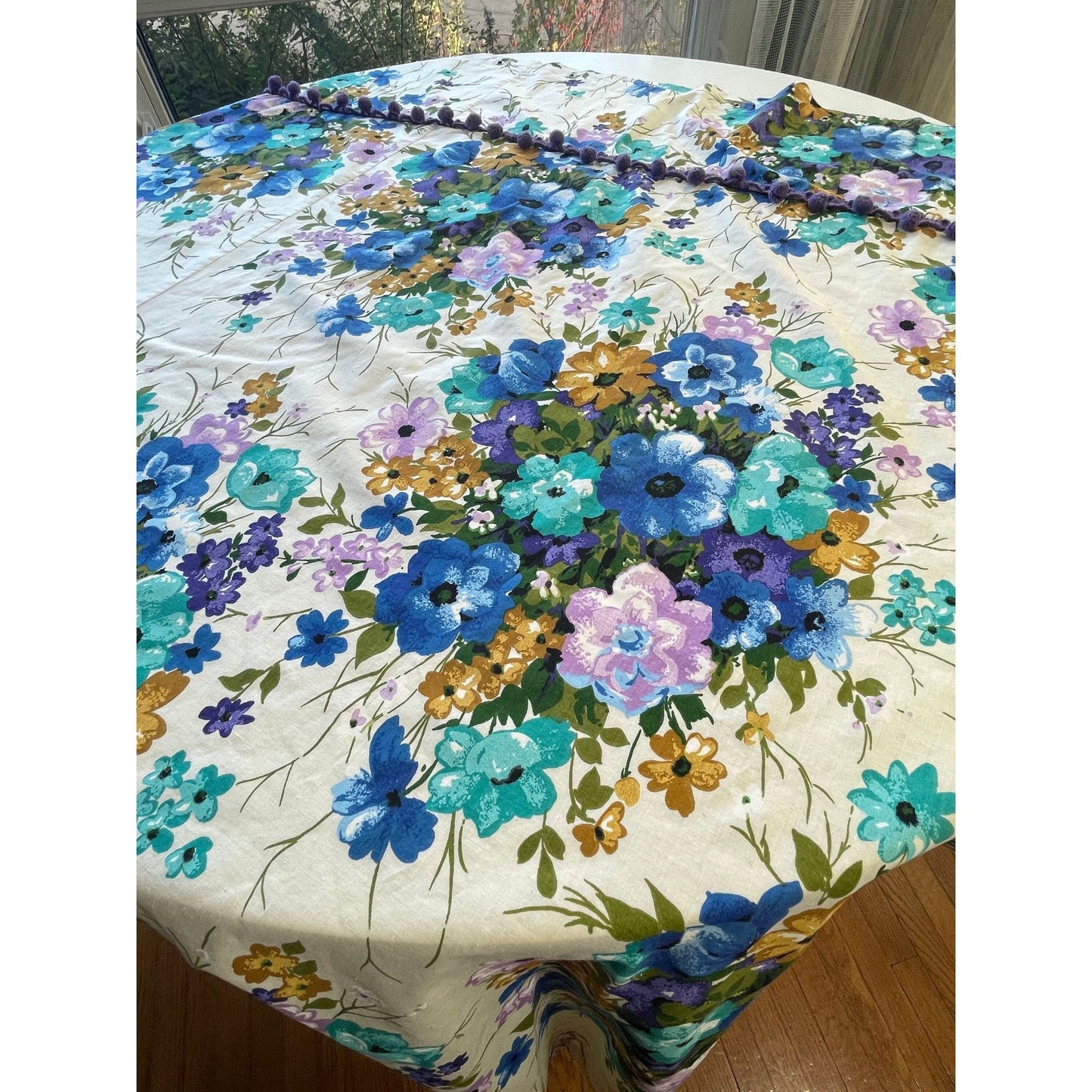 Vintage 70s purple and blue shower curtain, with valance and pom poms