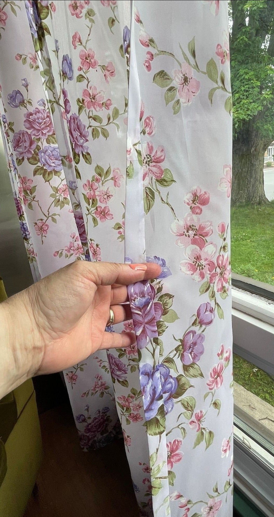 Vintage 60s pleated curtains, purple floral
