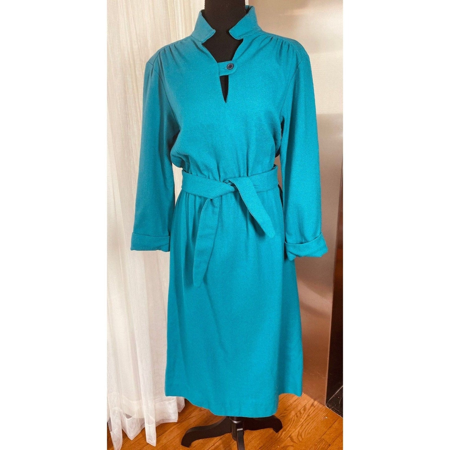 Vintage 60s dress, teal/turquoise, long sleeves, wool, AlJean