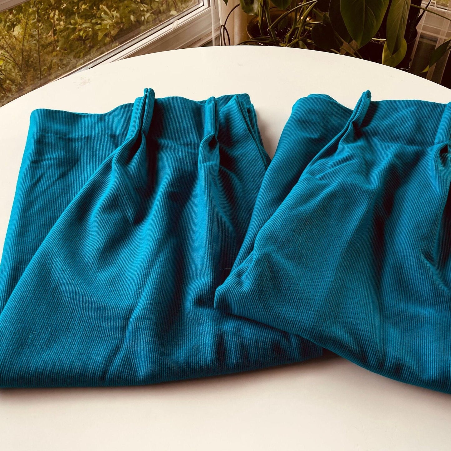 Vintage 70s pleated curtains, pair of blue thick panels, Sears