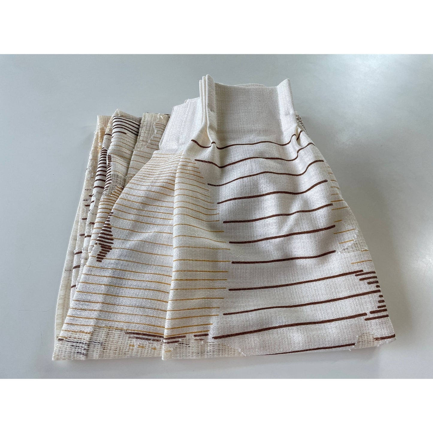 Vintage 80s pleated curtain, beige and brown artistic scenery, single panel