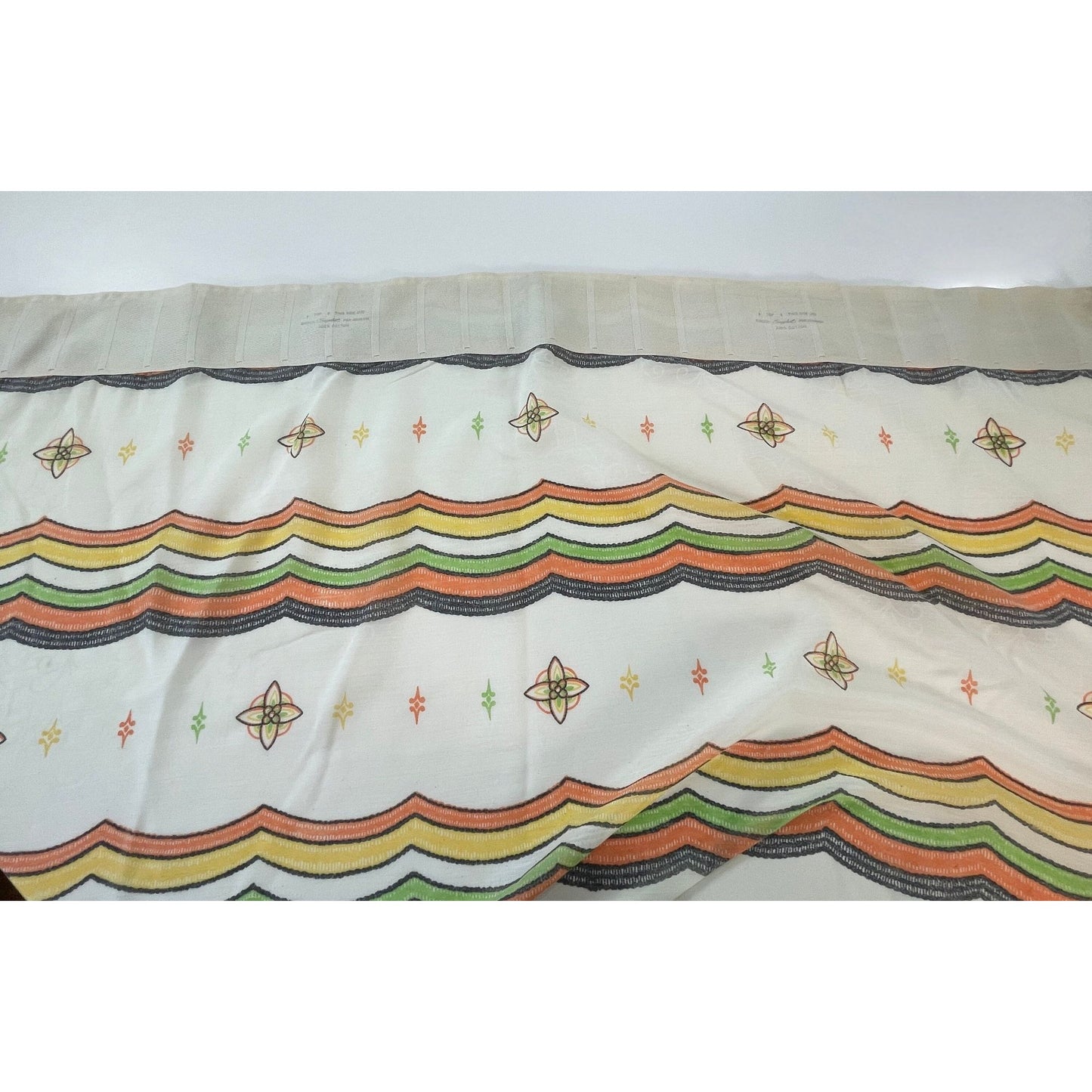 Vintage 60s geometric pattern curtains, orange green and brown