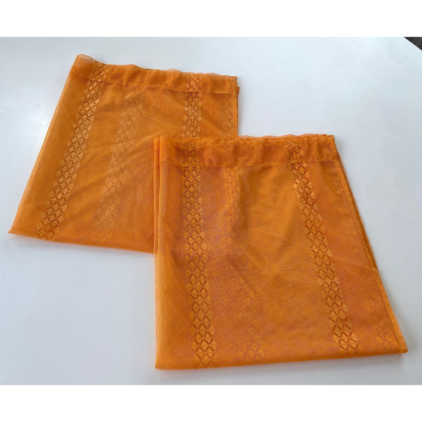 Vintage 70s curtains, pair orange mesh panels
