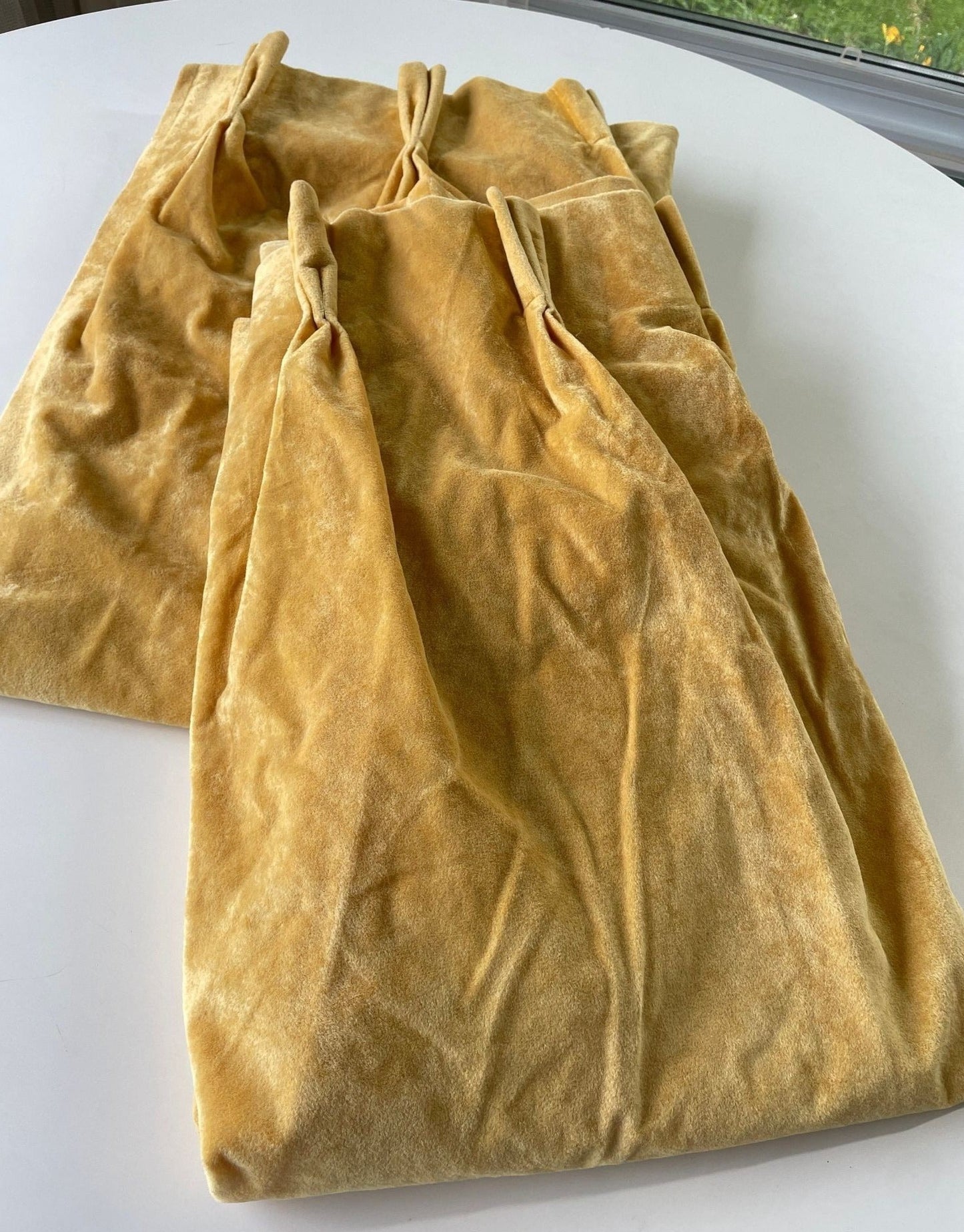 Vintage 70s yellow velvet pleated curtains