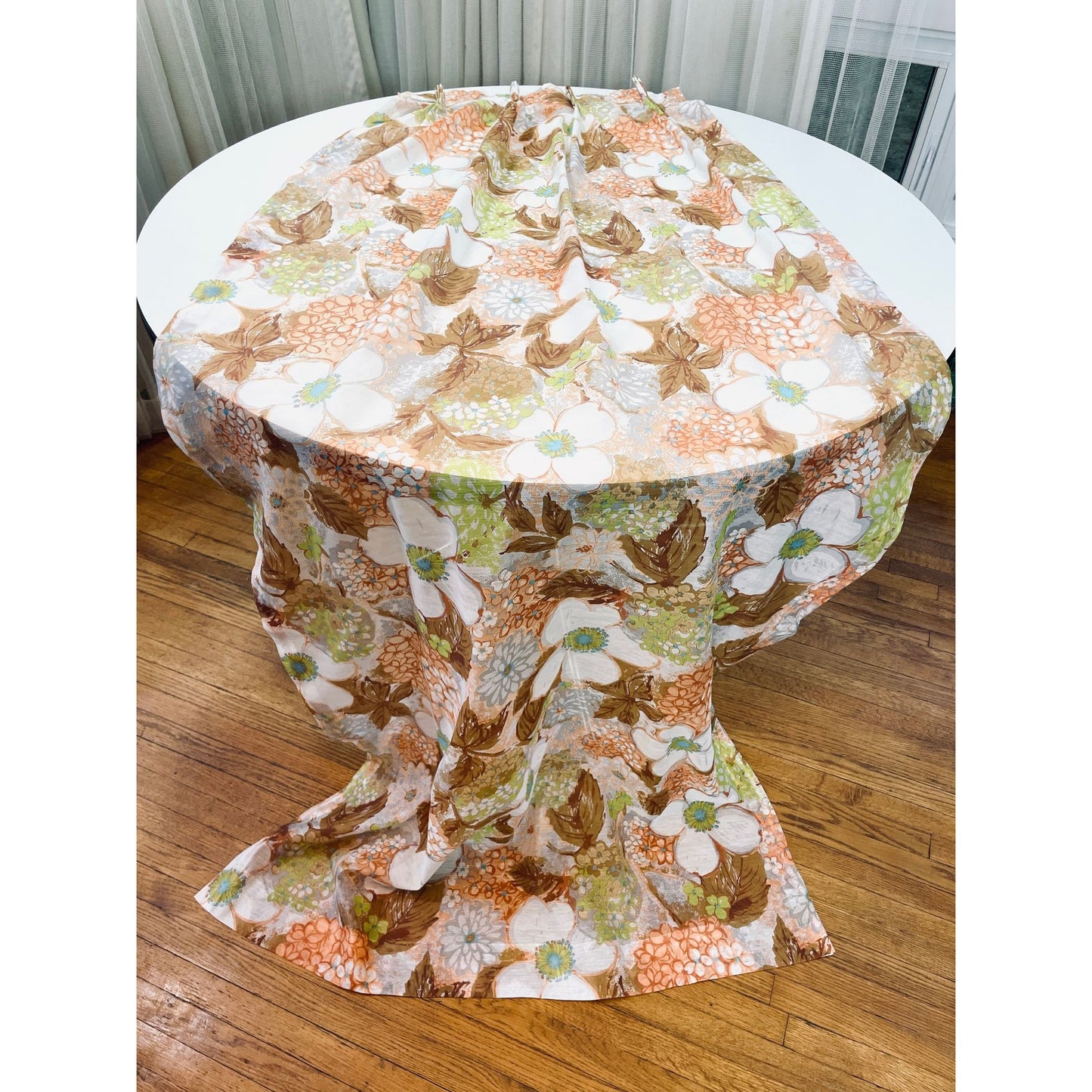 Vintage 70s pleated curtain, orange flowers, sheer panel