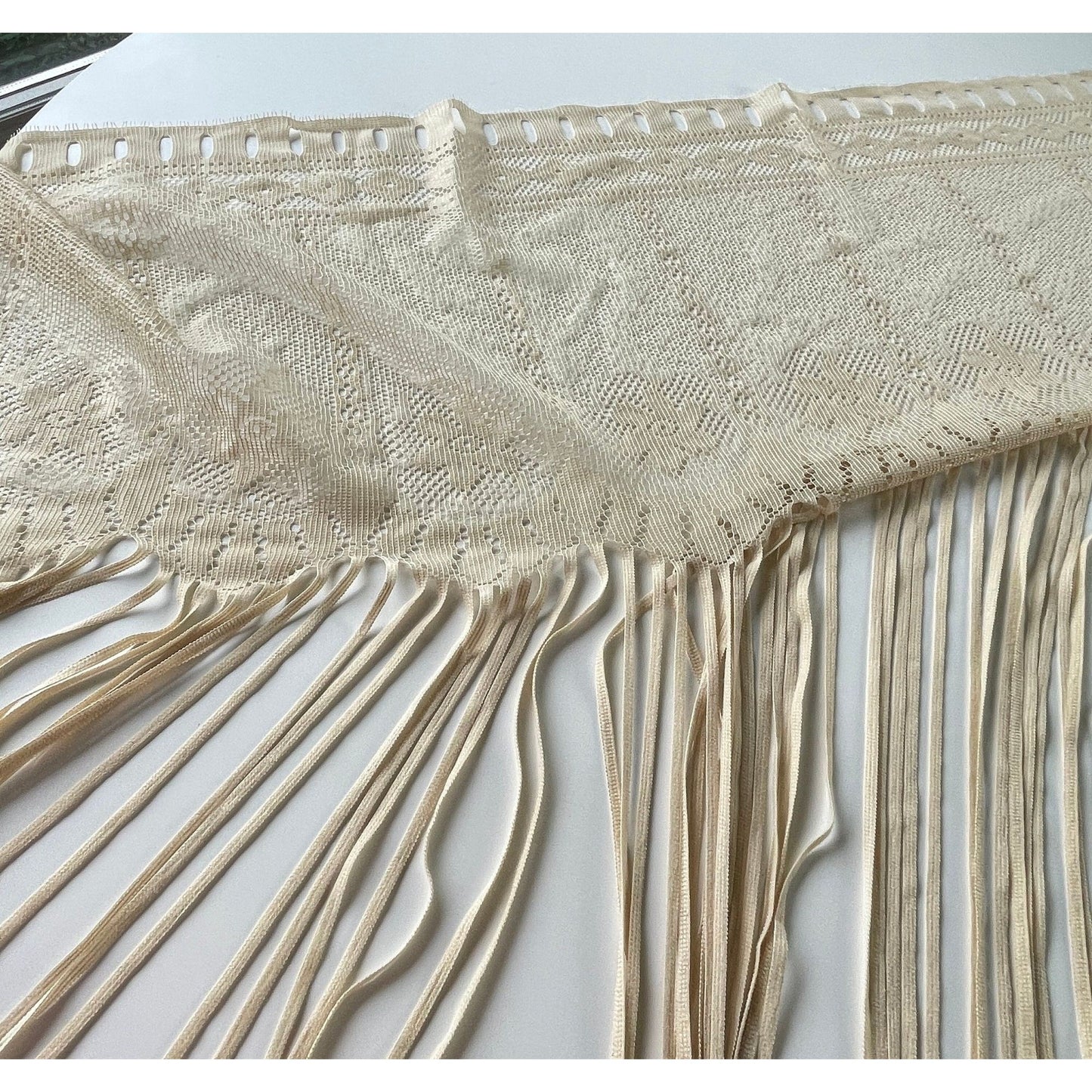 Vintage 90s curtain, fringed ecru panel