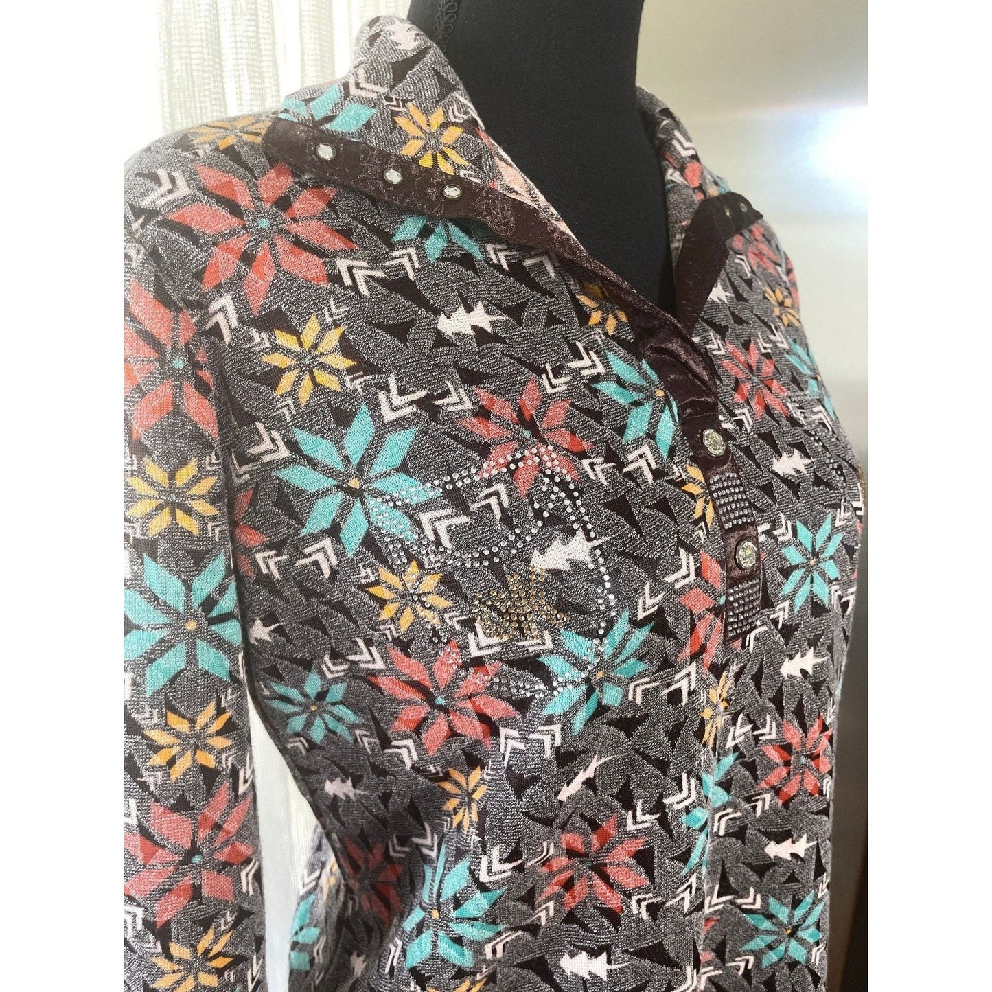 Vintage 70s top, taupe brown, glitter studded top, long sleeves