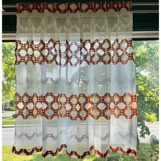 Vintage 70s pleated curtain, white, orange groovy stripes mesh panel