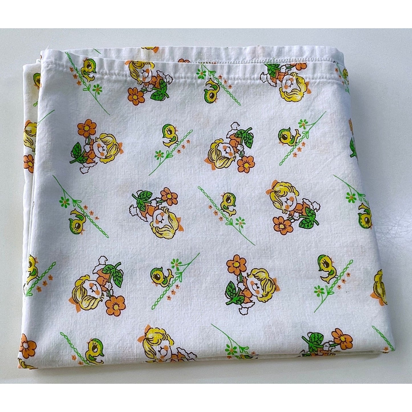 Vintage 60s children pillowcase, daisies and ducks, orange, green and yellow