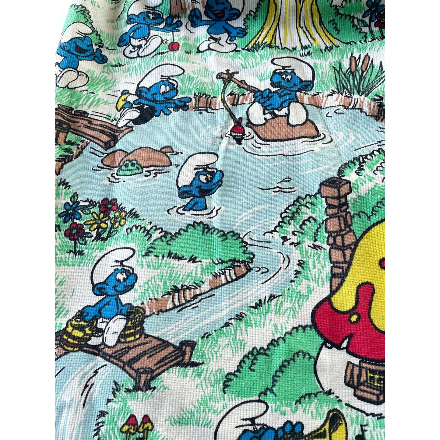 Vintage 70s pleated curtain, Smurf characters, thick panel