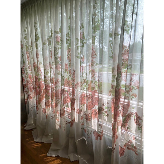 Vintage 70s pleated curtain, pink floral oversized panel
