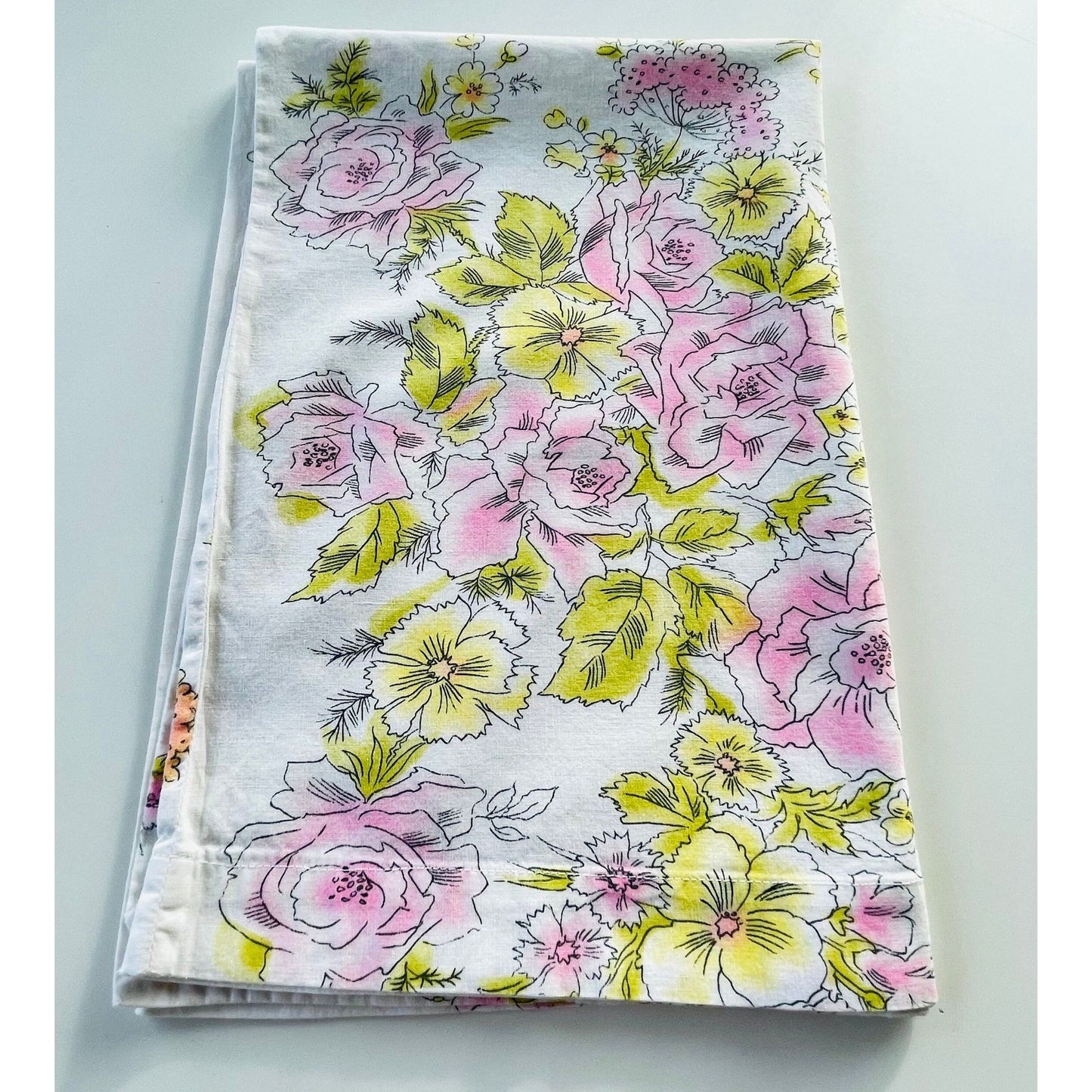 Vintage 70s pillowcase, pink and yellow flowers