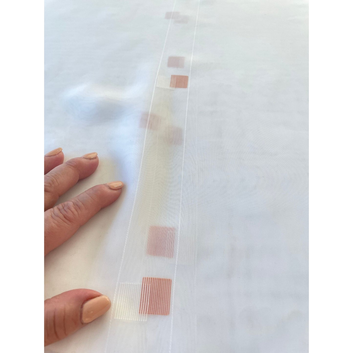 Vintage 80s curtain, white peach geometric pattern, sheer panel