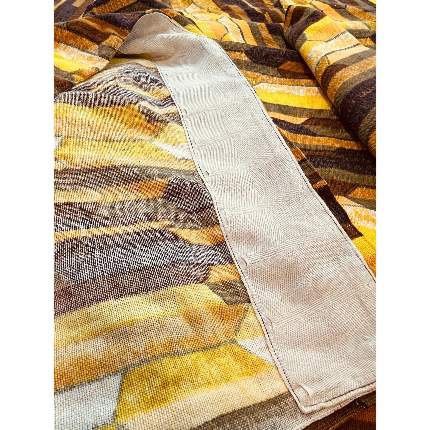 Vintage 70s pleated curtain, orange brown geometric pattern