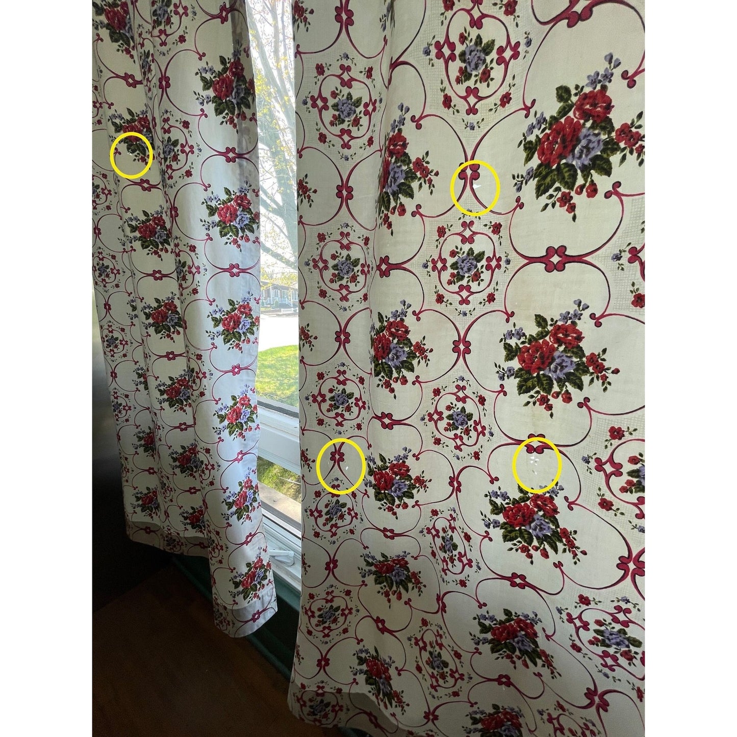 Vintage 60s black out curtains, red white floral