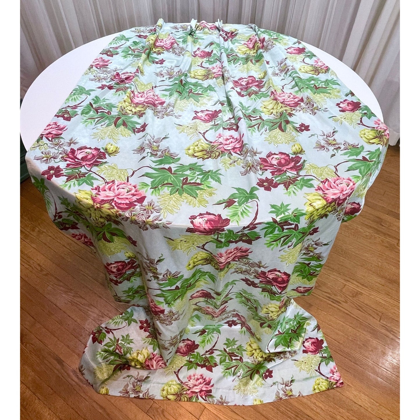 Vintage MCM pleated floral curtain panel, robin egg blue, pink yellow floral, greenery