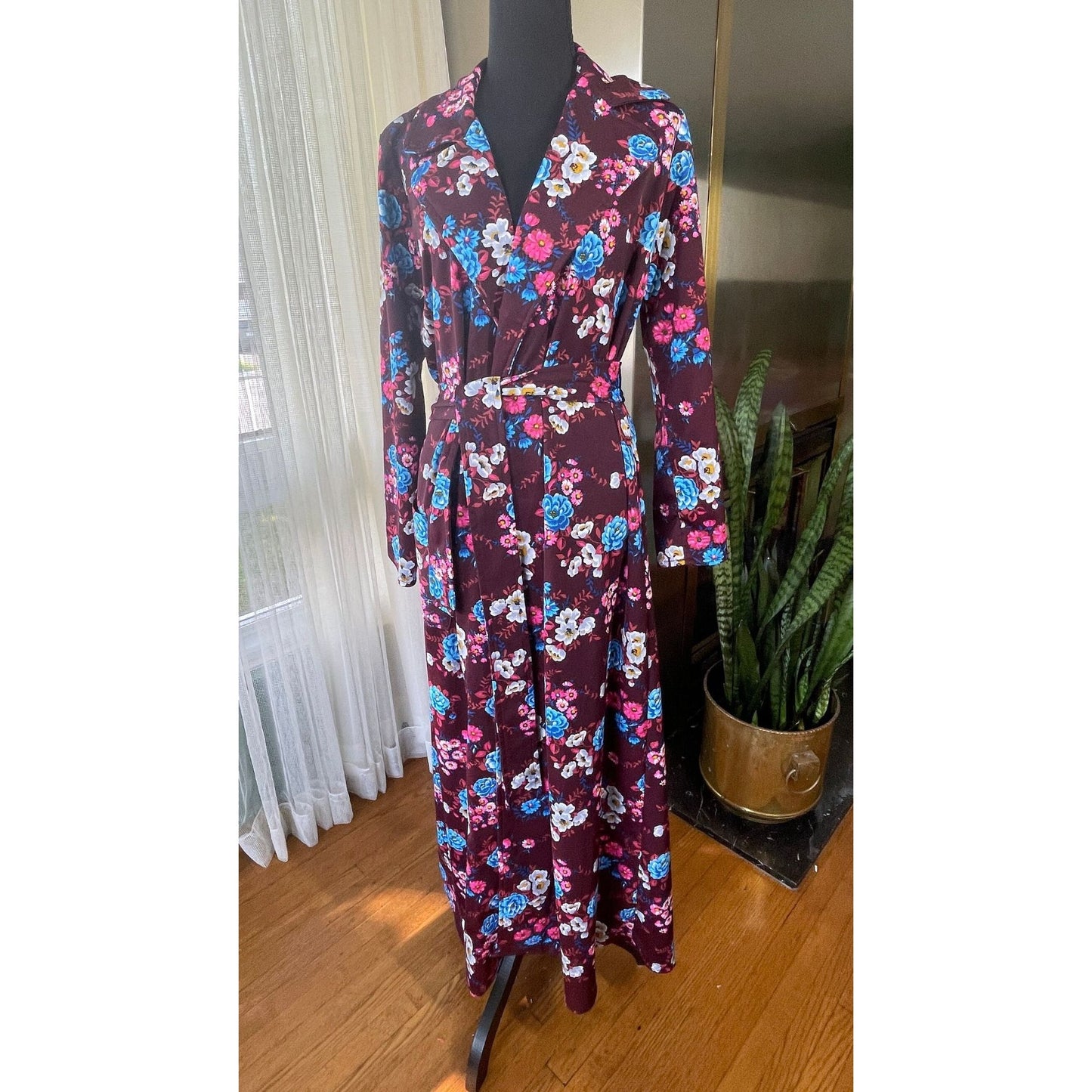 Vintage 70s house dress, burgundy red, blue and pink large flowers