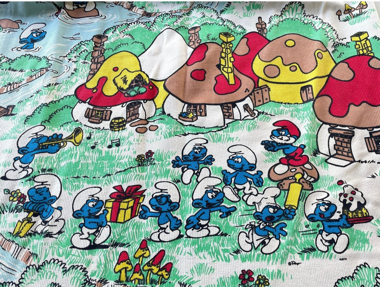 Vintage 70s pleated curtain, Smurf characters, thick panel