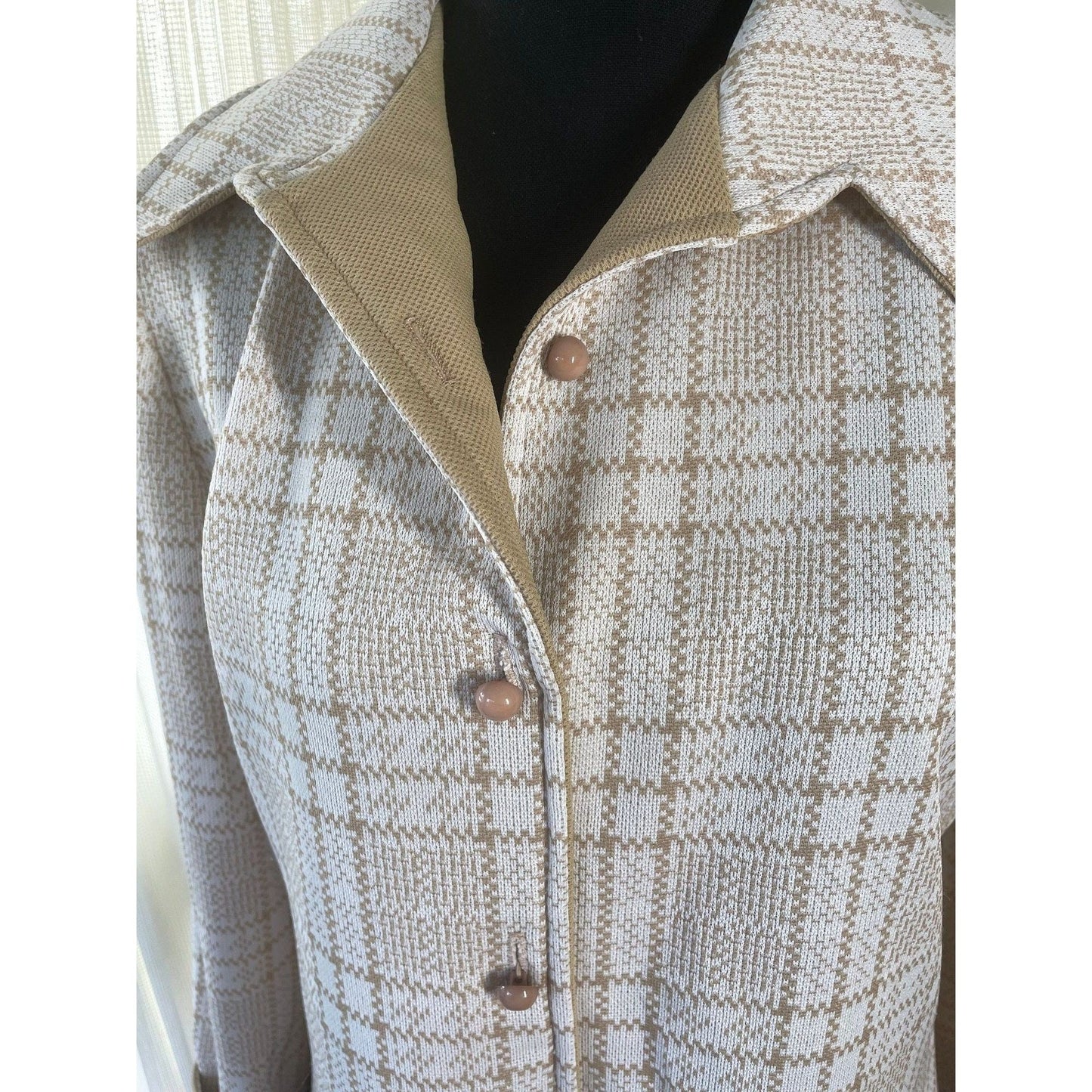Vintage 70s dress, tan buffalo check pattern, long sleeves, Leo Danal